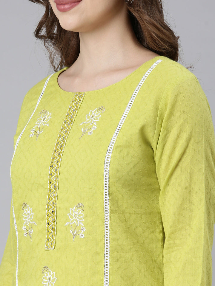 Neerus Lime Green Panelled Straight Ethnic Motifs Kurta And Trousers