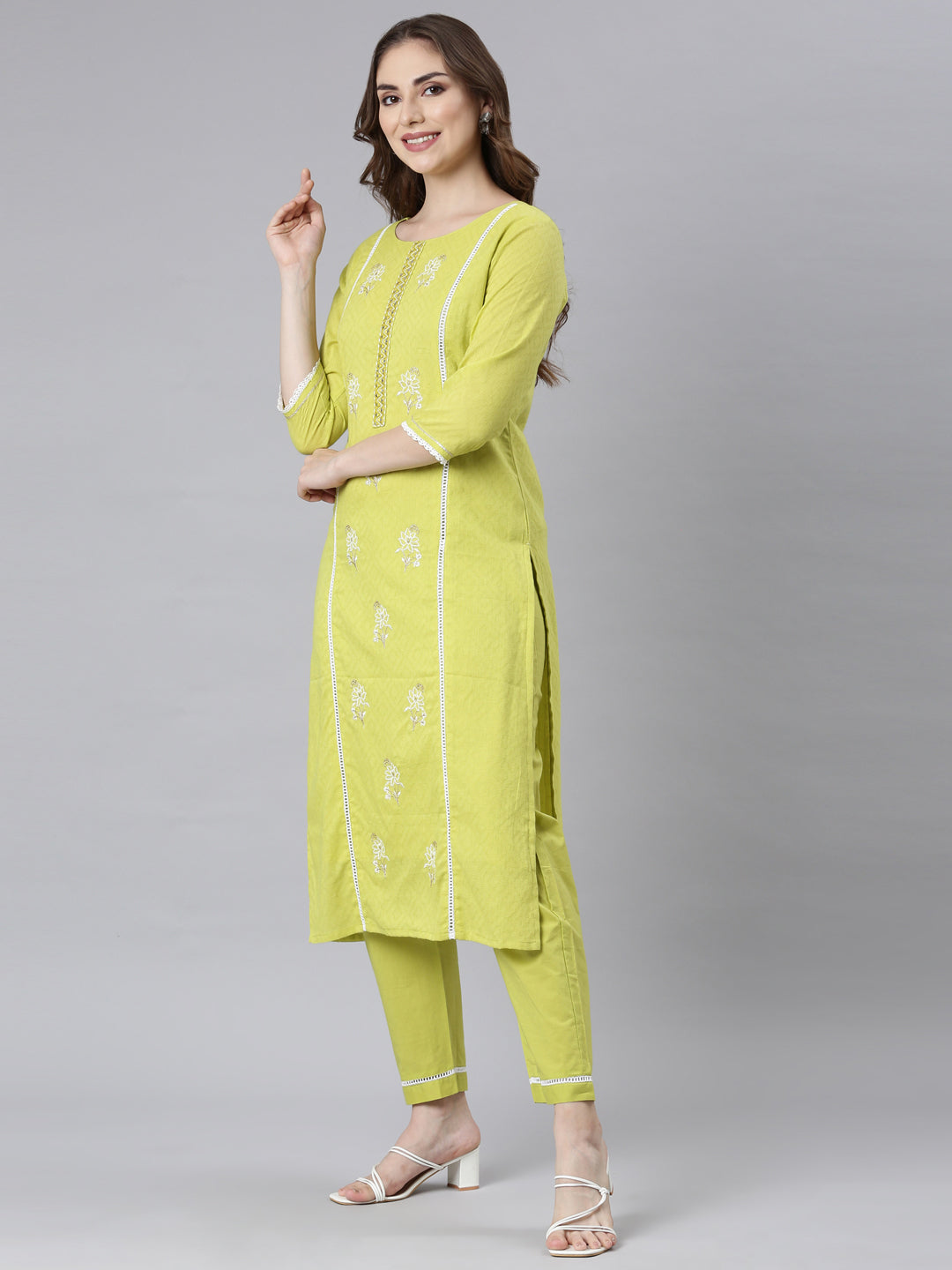 Neerus Lime Green Panelled Straight Ethnic Motifs Kurta And Trousers