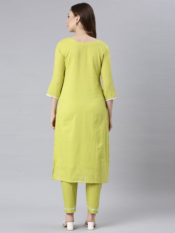 Neerus Lime Green Panelled Straight Ethnic Motifs Kurta And Trousers