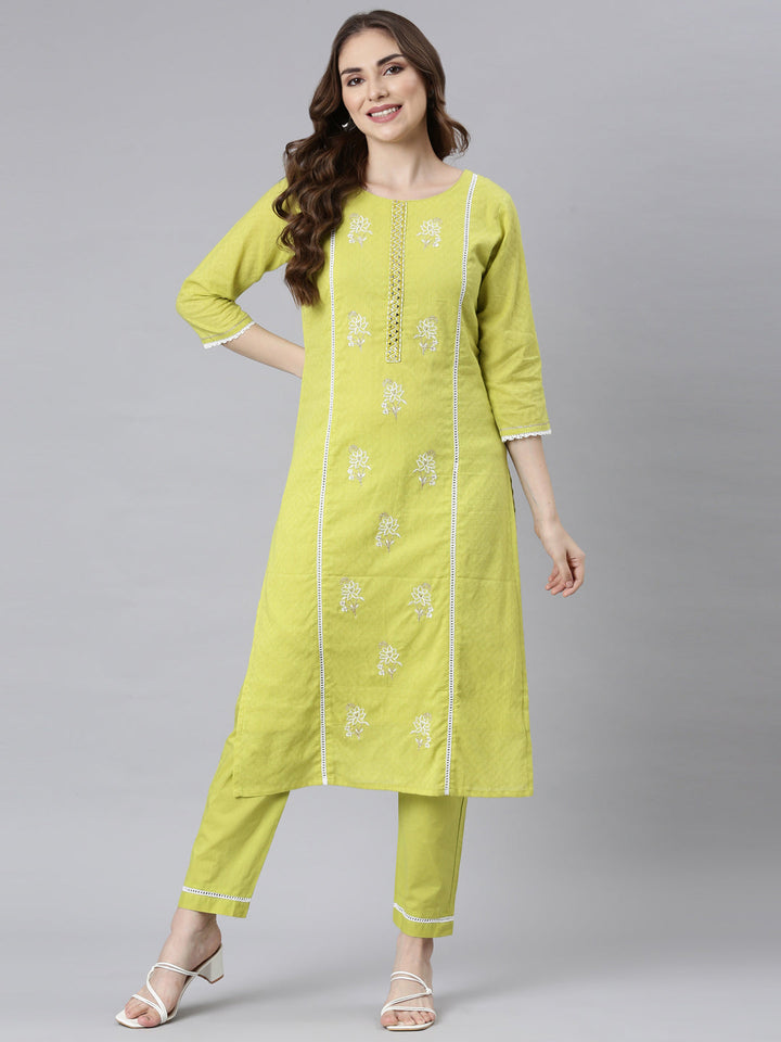 Neerus Lime Green Panelled Straight Ethnic Motifs Kurta And Trousers