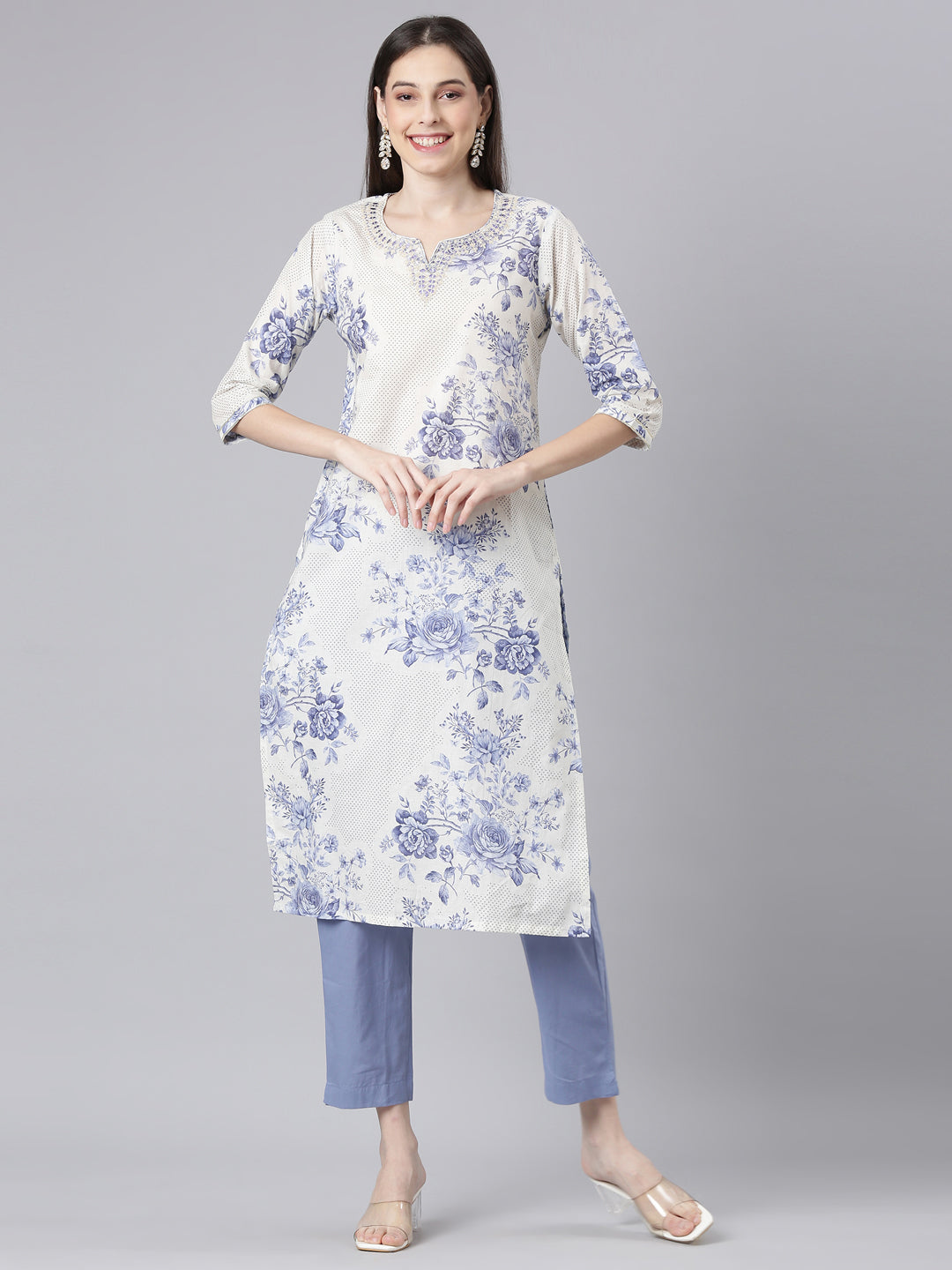 Neerus Blue Printed Straight Kurta and Trousers