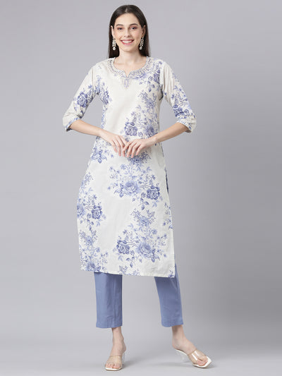Neerus Blue Printed Straight Kurta and Trousers