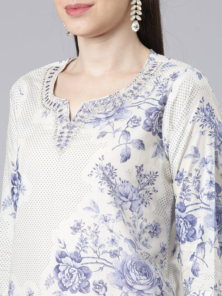 Neerus Blue Printed Straight Kurta and Trousers