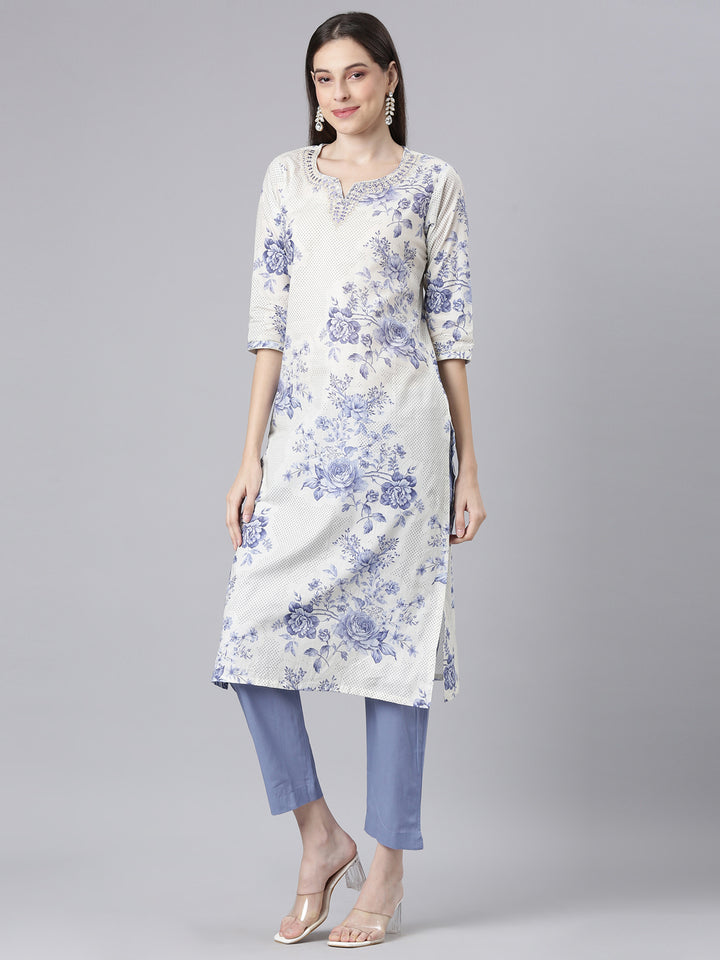Neerus Blue Printed Straight Kurta and Trousers