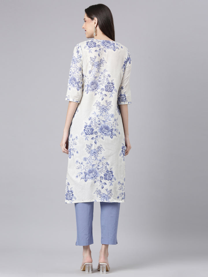 Neerus Blue Printed Straight Kurta and Trousers