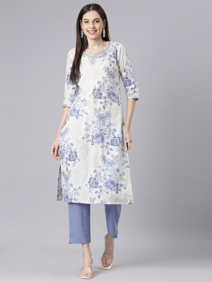 Neerus Blue Printed Straight Kurta and Trousers