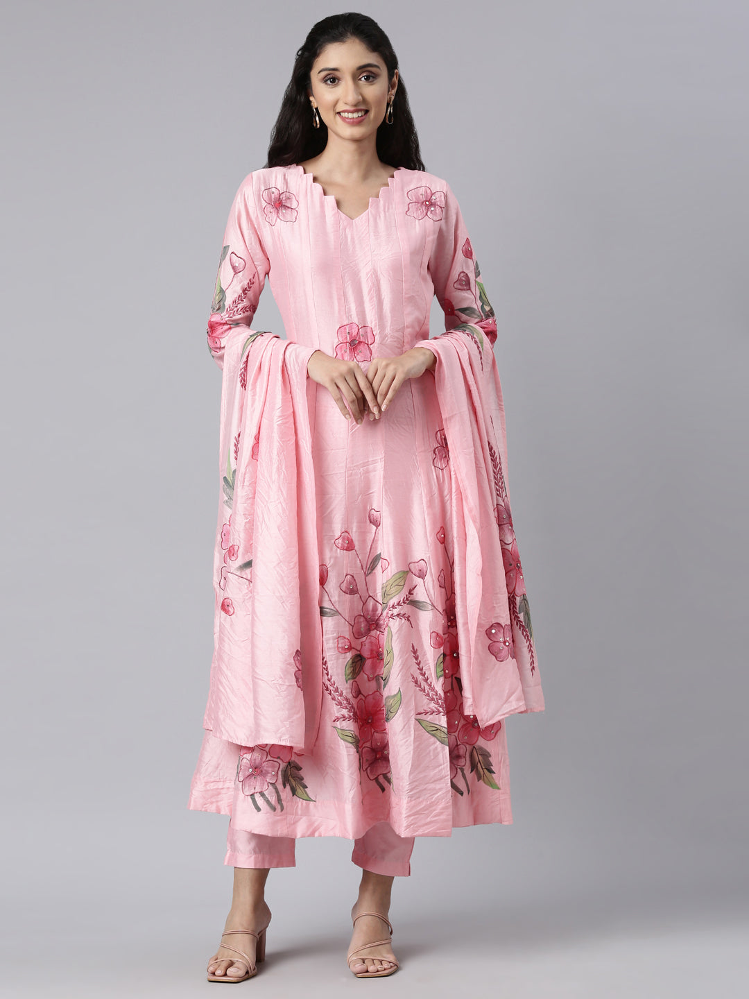 Neerus Pink Georgette Embroidered Anarkali Suit Set - front view