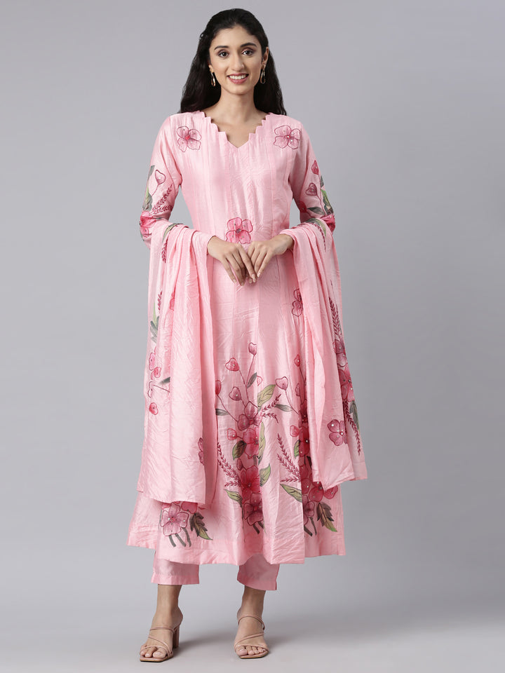 Neerus Pink Georgette Embroidered Anarkali Suit Set - front view