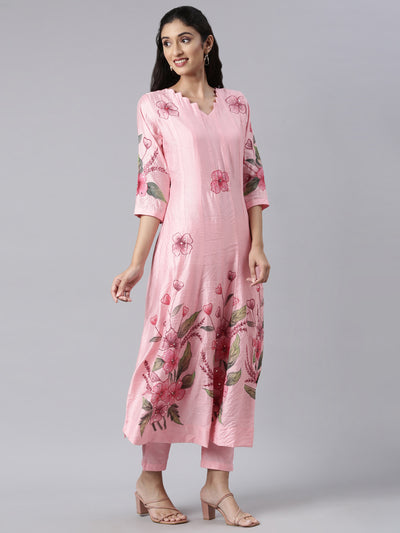 Neerus Pink Regular Anarkali Kurta and Trousers With Dupatta
