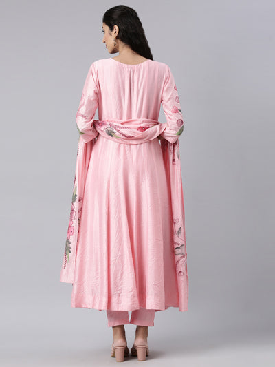 Neerus Pink Regular Anarkali Kurta and Trousers With Dupatta