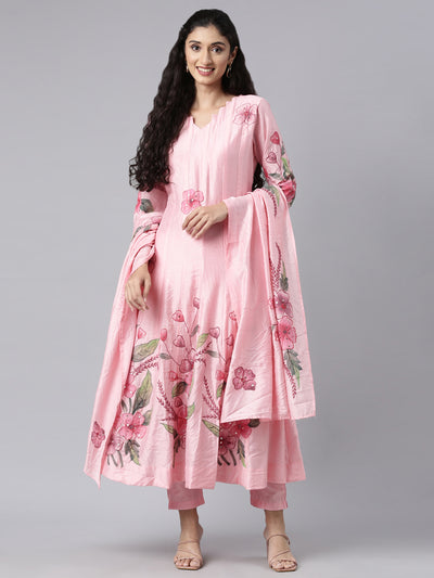 Neerus Pink Regular Anarkali Kurta and Trousers With Dupatta