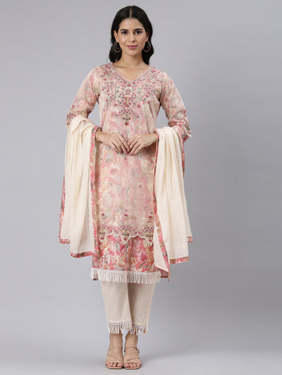 Neerus Cream Regular Straight Printed Kurta and Trousers With Dupatta