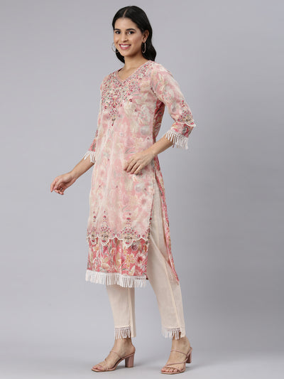 Neerus Cream Regular Straight Printed Kurta and Trousers With Dupatta
