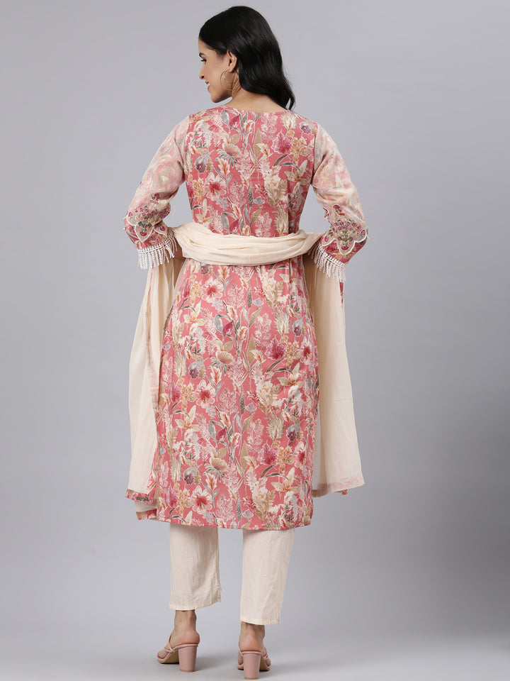 Neerus Cream Regular Straight Printed Kurta and Trousers With Dupatta