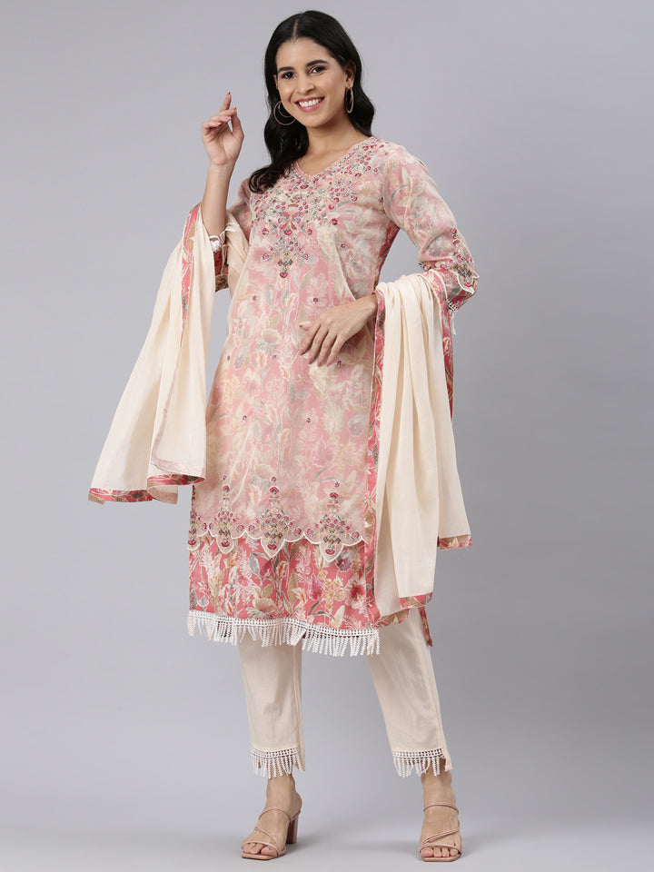 Neerus Cream Regular Straight Printed Kurta and Trousers With Dupatta