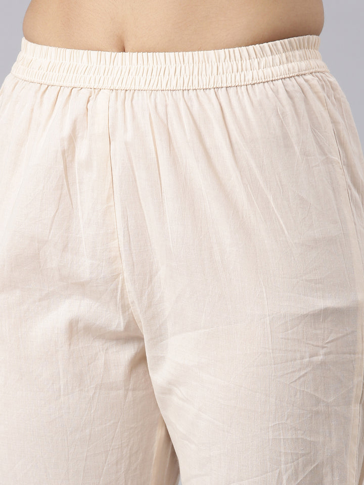 Neerus Cream Regular Straight Printed Kurta and Trousers With Dupatta