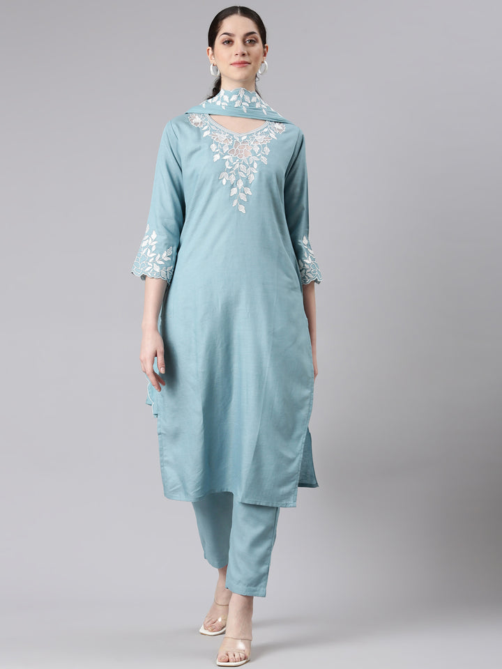 Neerus Women Blue Straight Kurta and Trousers With Dupatta