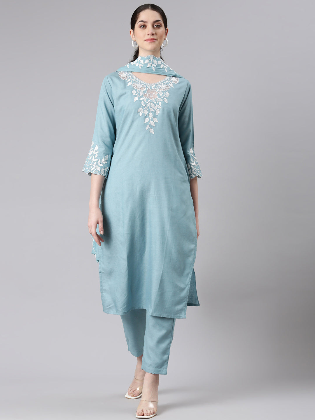 Neerus Women Blue Straight Kurta and Trousers With Dupatta