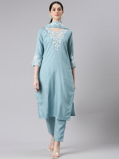 Neerus Women Blue Straight Kurta and Trousers With Dupatta