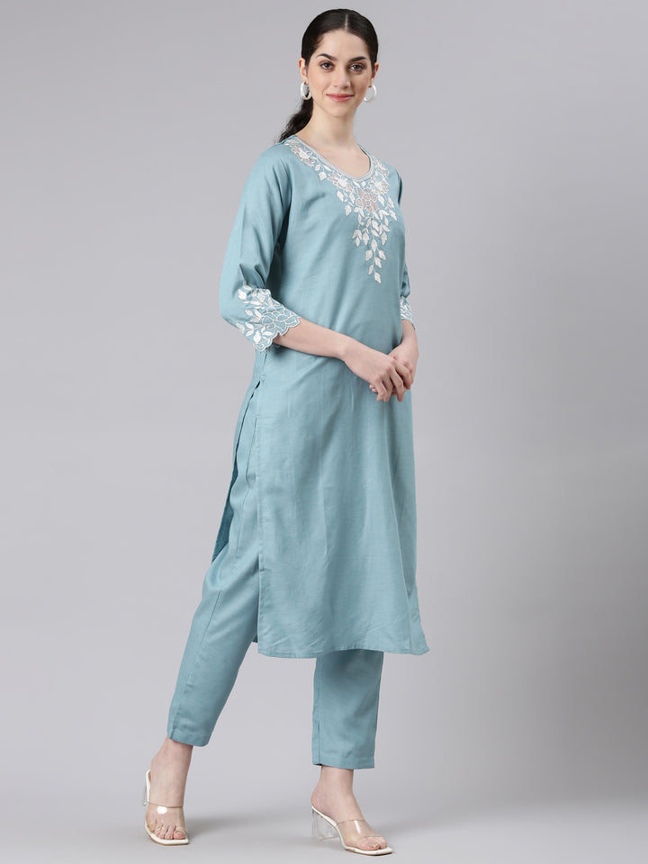 Neerus Women Blue Straight Kurta and Trousers With Dupatta