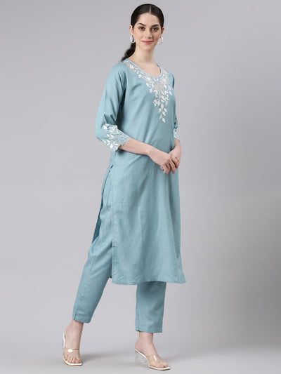 Neerus Women Blue Straight Kurta and Trousers With Dupatta