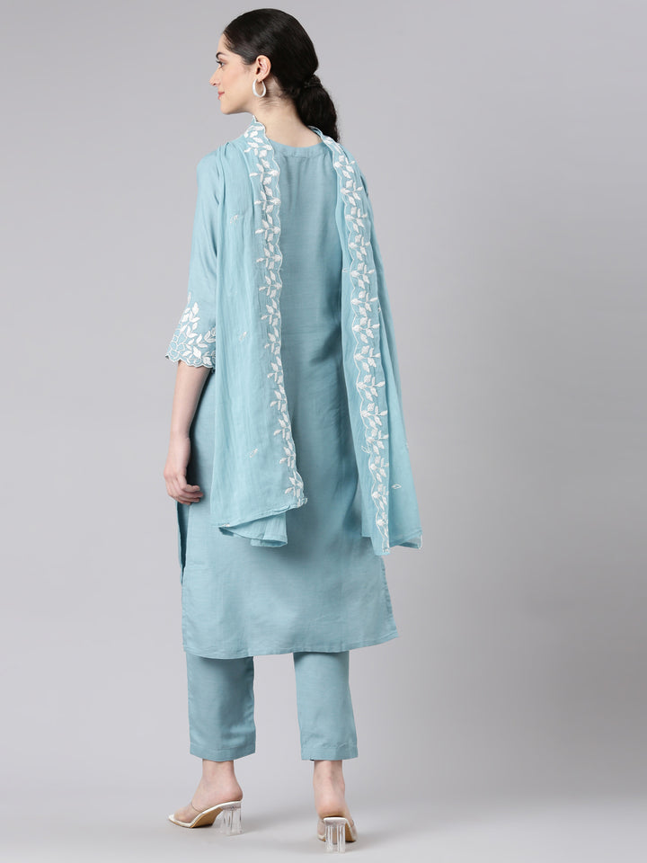 Neerus Women Blue Straight Kurta and Trousers With Dupatta