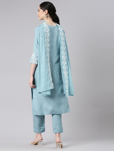 Neerus Women Blue Straight Kurta and Trousers With Dupatta