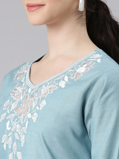Neerus Women Blue Straight Kurta and Trousers With Dupatta