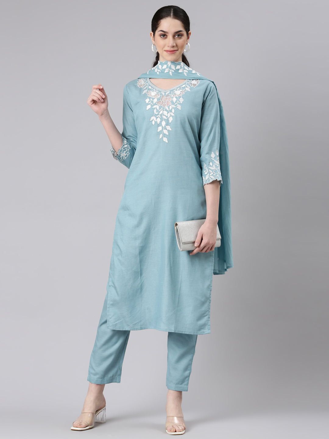 Neerus Women Blue Straight Kurta and Trousers With Dupatta
