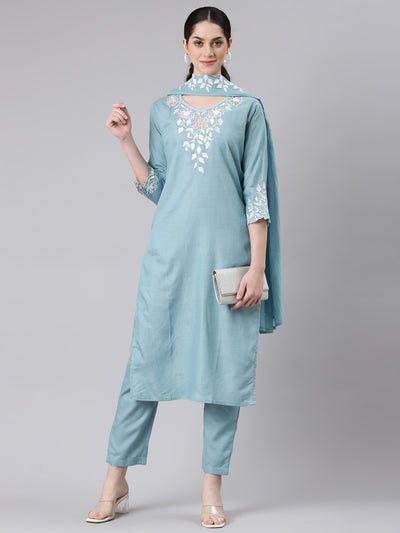 Neerus Women Blue Straight Kurta and Trousers With Dupatta