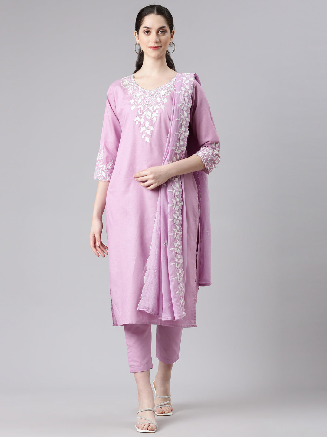 Neerus Purple straight kurta suit set with trousers and dupatta - front view