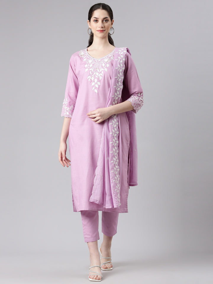 Neerus Purple straight kurta suit set with trousers and dupatta - front view