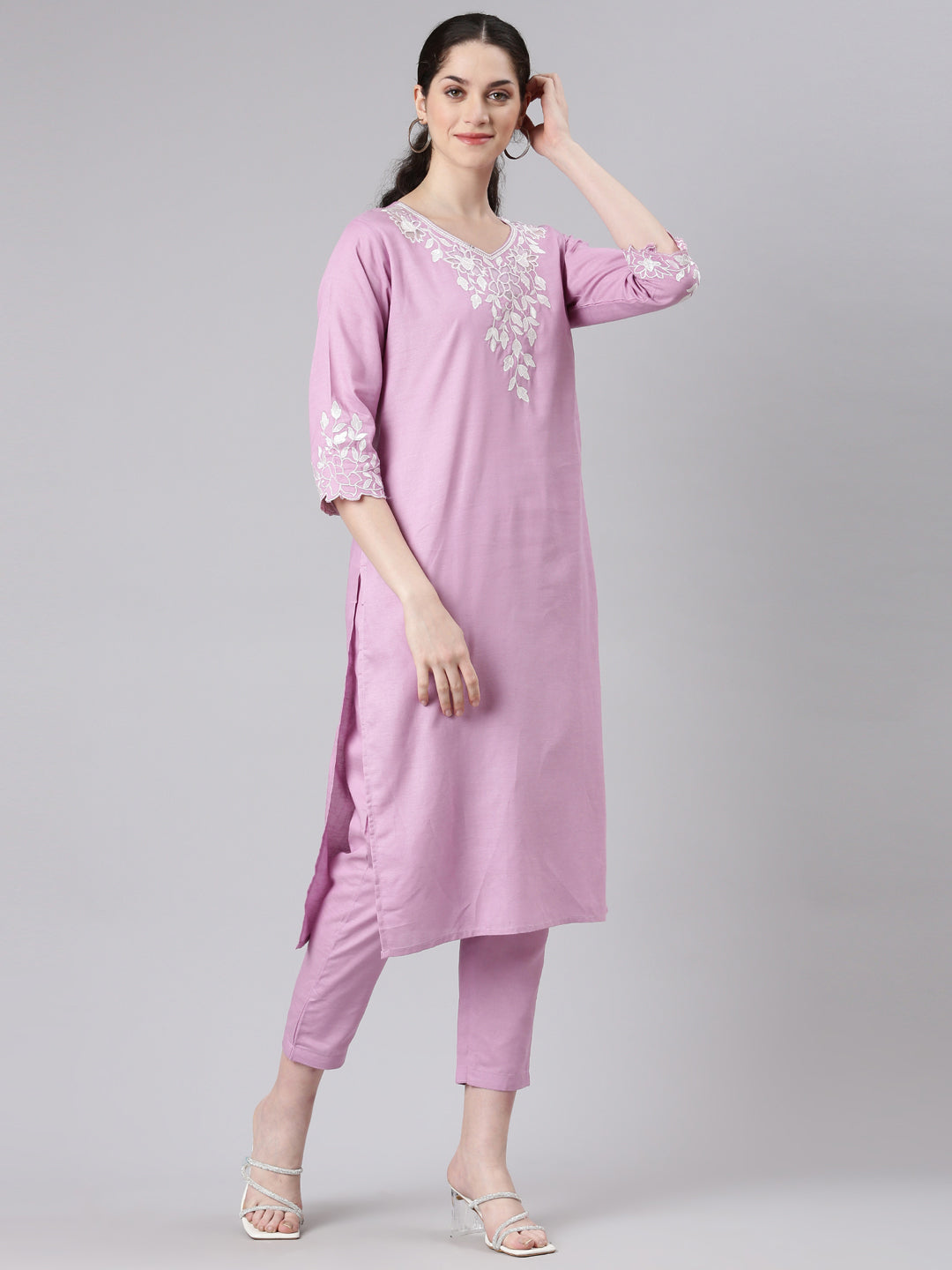 Neerus Purple straight kurta suit set with trousers and dupatta - back view