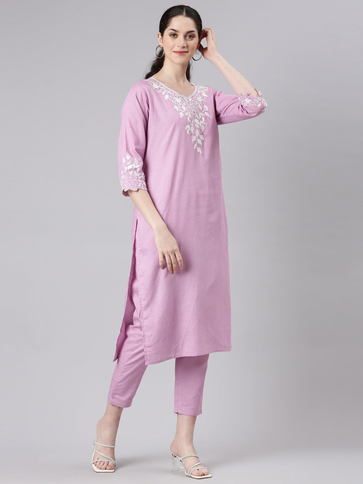 Neerus Purple straight kurta suit set with trousers and dupatta - back view