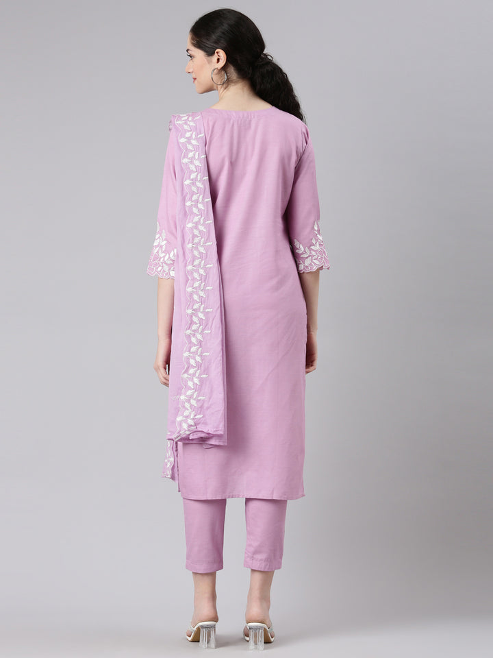 Neerus Purple straight kurta suit set with trousers and dupatta - side view
