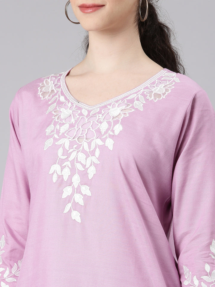 Neerus Purple straight kurta suit set with trousers and dupatta - detail view 1