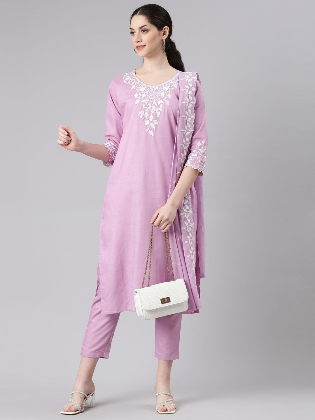 Neerus Purple straight kurta suit set with trousers and dupatta - detail view 2