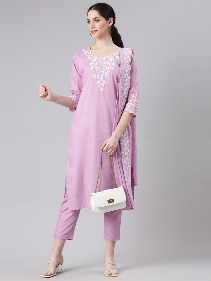 Neerus Purple straight kurta suit set with trousers and dupatta - detail view 2