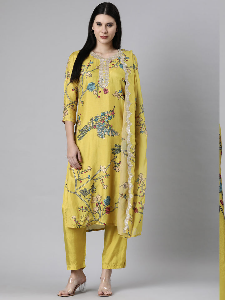 Neerus Yellow Casual Quirky Straight Kurta and Trousers With Dupatta