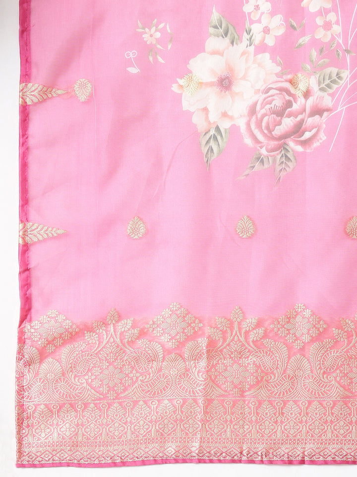 Neerus Pink Casual Floral Straight Kurta and Trousers With Dupatta