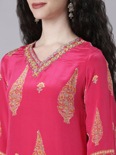 Neerus Magenta Printed Straight Kurta and Trousers With Dupatta