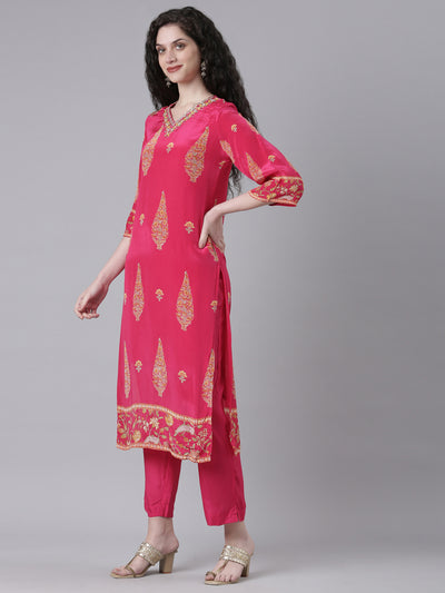 Neerus Magenta Printed Straight Kurta and Trousers With Dupatta