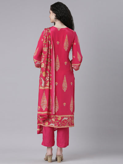 Neerus Magenta Printed Straight Kurta and Trousers With Dupatta