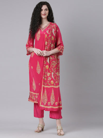 Neerus Magenta Printed Straight Kurta and Trousers With Dupatta
