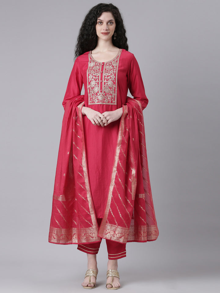 Neerus Maroon Solid Straight Kurta and Trousers With Dupatta