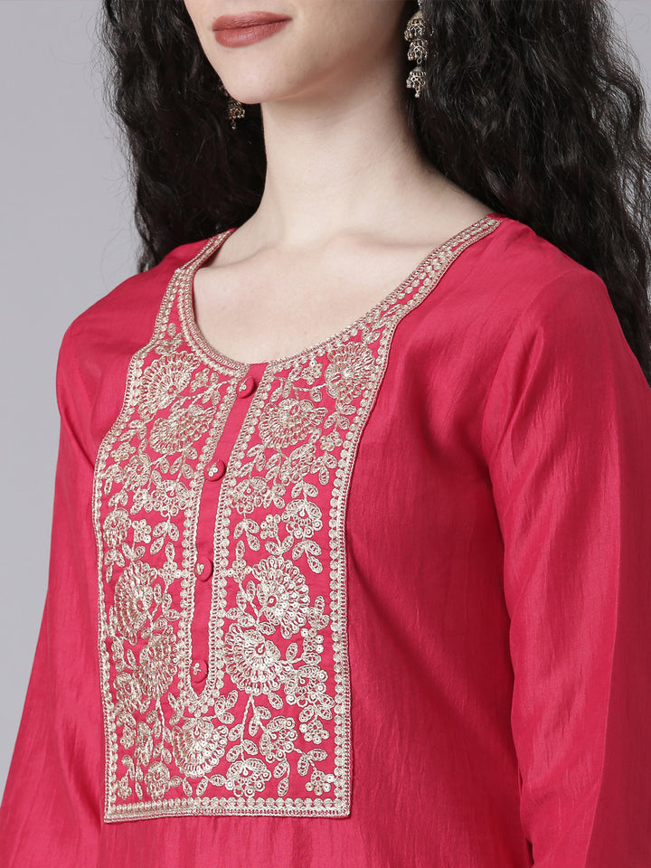 Neerus Maroon Solid Straight Kurta and Trousers With Dupatta