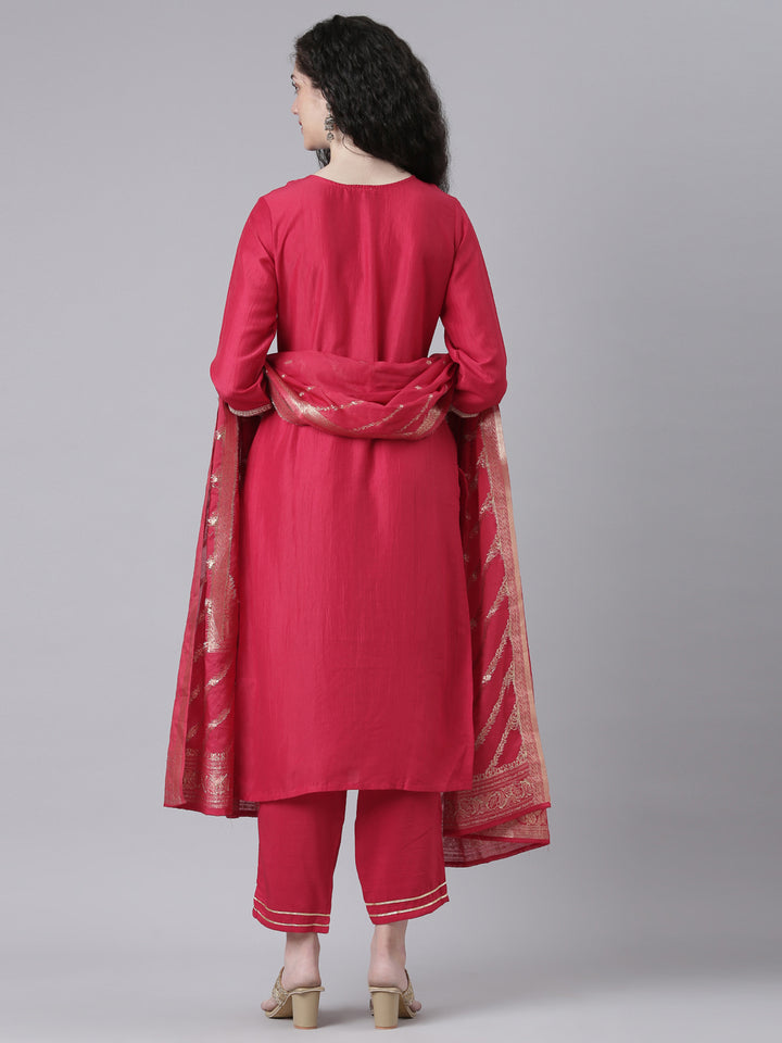 Neerus Maroon Solid Straight Kurta and Trousers With Dupatta