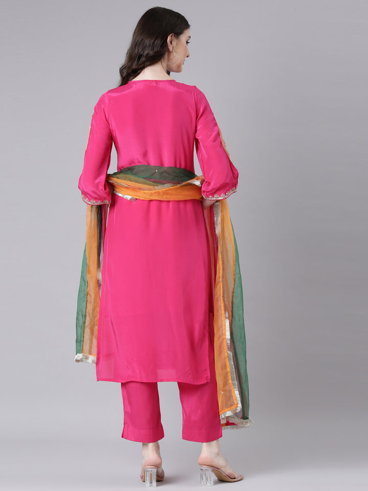Neerus Pink Solid Straight Kurta and Trousers With Dupatta