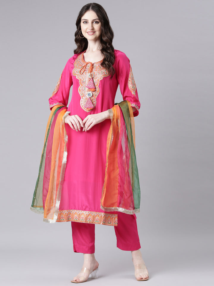 Neerus Pink Solid Straight Kurta and Trousers With Dupatta