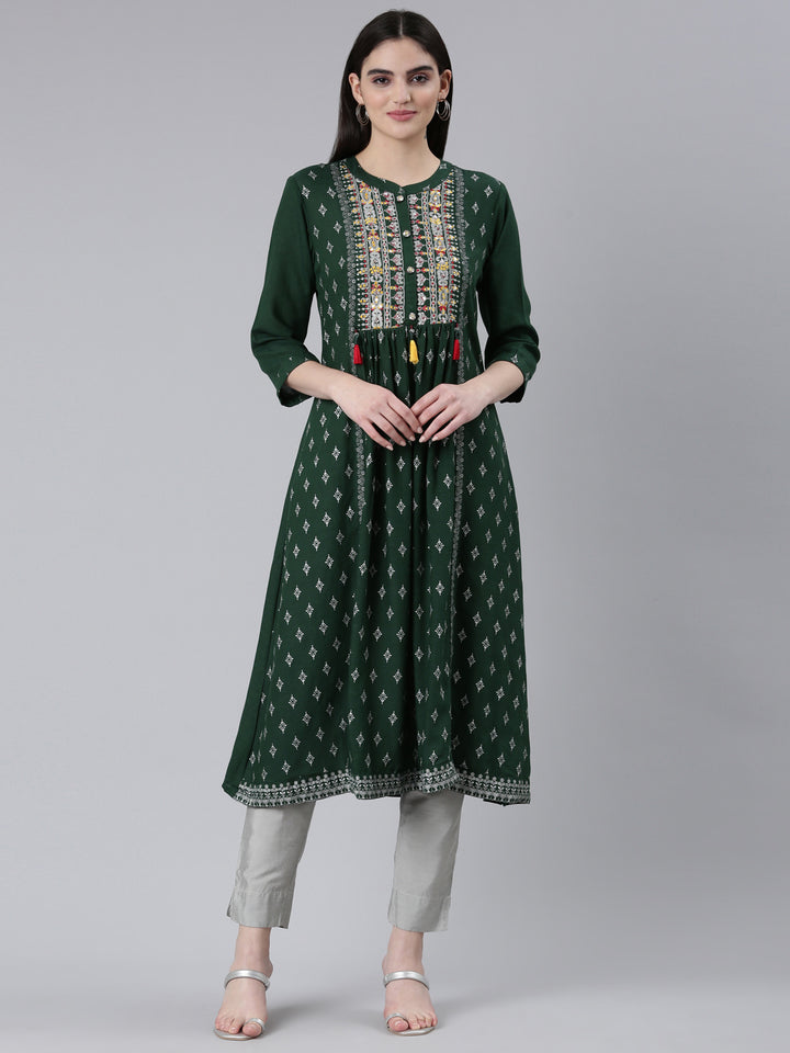 Neerus Green Pleated Straight Printed Kurtas